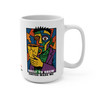 Built to Brew 15oz mug — a Picasso-style Cubist portrait of Bert the gecko rendered in fractured, multi-angle planes of bold color, holding a cup of coffee, with "BUILT TO BREW" and "COFFEE MADE ME" in bold lettering below — Coo Coo's Coffee Brew Good Vibes art-parody mug.
