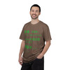 誤差 404 Coffee Not Found Japanese tee — front shows large kanji error message in terminal green declaring "Error 404: Coffee not found, restarting brew, please wait" with brew. command embedded in Japanese; back features Computer Bert at his laptop — Coo Coo's Coffee Tech Error 404 collection two-sided DTG tee on dark cotton.Epresso front male model