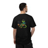 誤差 404 Coffee Not Found Japanese tee — front shows large kanji error message in terminal green declaring "Error 404: Coffee not found, restarting brew, please wait" with brew. command embedded in Japanese; back features Computer Bert at his laptop — Coo Coo's Coffee Tech Error 404 collection two-sided DTG tee on dark cotton. black back male model
