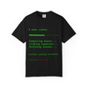 $ make coffee tee — front shows fake compiler output in terminal green: command prompt, progress bar at 60%, three build steps (compiling beans, linking espresso, building dreams), and "warning: morning incomplete" punchline; back features Computer Bert at his laptop — Coo Coo's Coffee Tech Error 404 collection two-sided DTG tee on dark cotton. black front flatlay