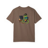 Hello Coffee in C++ tee — front shows real compiling C++ program in terminal green that prints the Coo Coo's Coffee smile in ASCII; back features Computer Bert at his laptop wearing the Brew Is Truth cap — Coo Coo's Coffee Tech Error 404 collection two-sided DTG tee for programmers and coffee lovers. espresso back