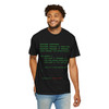 Hello Coffee in C++ tee — front shows real compiling C++ program in terminal green that prints the Coo Coo's Coffee smile in ASCII; back features Computer Bert at his laptop wearing the Brew Is Truth cap — Coo Coo's Coffee Tech Error 404 collection two-sided DTG tee for programmers and coffee lovers. Black male model