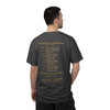 Back of the Bert & the Bean Shredders tee — a classic band tour back print: "Pour Decisions Were Made — Tour 2026" over a list of coffee-pun tour dates and venues (the Bean Machine Arena, Crema Coliseum, Caffeine Cathedral and more), with special guests SBOF and "Fresh Roast — Loud Life" — Coo Coo's Coffee tour merch.