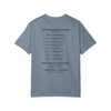 Back of the Bert & the Bean Shredders tee — a classic band tour back print: "Pour Decisions Were Made — Tour 2026" over a list of coffee-pun tour dates and venues (the Bean Machine Arena, Crema Coliseum, Caffeine Cathedral and more), with special guests SBOF and "Fresh Roast — Loud Life" — Coo Coo's Coffee tour merch.