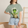 Japanese Steeping the Soul coffee tee, front — Bert in sunglasses sitting in a quiet meditative pose inside a Japanese tea cup decorated with bamboo and a red 茶 tea seal, pale white steam rising, on a wooden saucer — Coo Coo's Coffee Steeping the Soul Japanese tea-cup tee.