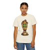 Puerto Rican Steeping the Soul coffee tee, front — Bert in sunglasses resting in a traditional cloth colador coffee filter on a wooden stand, a coquí tree frog perched alongside, warm amber steam rising, with a pocillo cup of coffee and red coffee cherries below — Coo Coo's Coffee Steeping the Soul Puerto Rican tee.