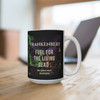 Frankenbert ‘Fuel for the Living Dead’ coffee mug filled with fresh coffee on a desk