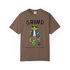 Grind coffee t-shirt — skateboarding gecko Bert grinding a rail with coffee printed on the front, espresso