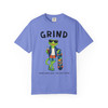 Grind coffee t-shirt — skateboarding gecko Bert grinding a rail with coffee printed on the front, flo blue