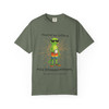 Powered by Coffee & Mild Disappointment coffee t-shirt — deadpan gecko Bert, “coffee and mild disappointment” printed on the front, moss