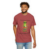 Person wearing the Powered by Coffee & Mild Disappointment coffee t-shirt from Coo Coo’s Coffee, crimson