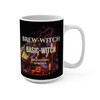 Her cauldron brews coffee — this 15oz mug is where you keep yours. Gertie the Brew-Witch, pointed hat and pumpkin-spice latte, wrapped around a proper cup. Cute-spooky, owned with a wink. Ceramic, dishwasher & microwave safe. Right handle