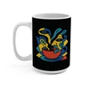 A cubist coffee-drinker in bold red, blue and yellow, wrapped around a full 15oz mug — the painting on one side, its gold museum placard on the other. Pops hardest on glossy black. Left side