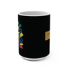 A cubist coffee-drinker in bold red, blue and yellow, wrapped around a full 15oz mug — the painting on one side, its gold museum placard on the other. Pops hardest on glossy black. Side view