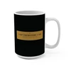 A cubist coffee-drinker in bold red, blue and yellow, wrapped around a full 15oz mug — the painting on one side, its gold museum placard on the other. Pops hardest on glossy black. Right handle