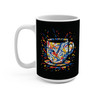 A coffee cup buried in a wild paint-splatter storm, wrapped around a full 15oz mug — the painting on one side, its gold museum placard on the other. Explodes on glossy black. left handle