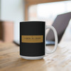 A coffee cup buried in a wild paint-splatter storm, wrapped around a full 15oz mug — the painting on one side, its gold museum placard on the other. Explodes on glossy black. Cup on desk
