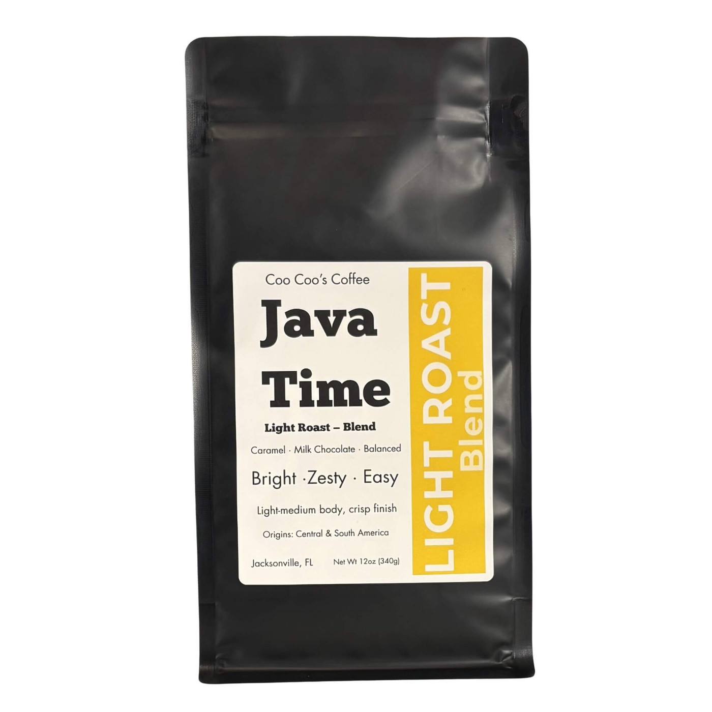 Java Time Coffee 12 oz bag – smooth classic light roast blend by Coo Coo’s Coffee, front label.