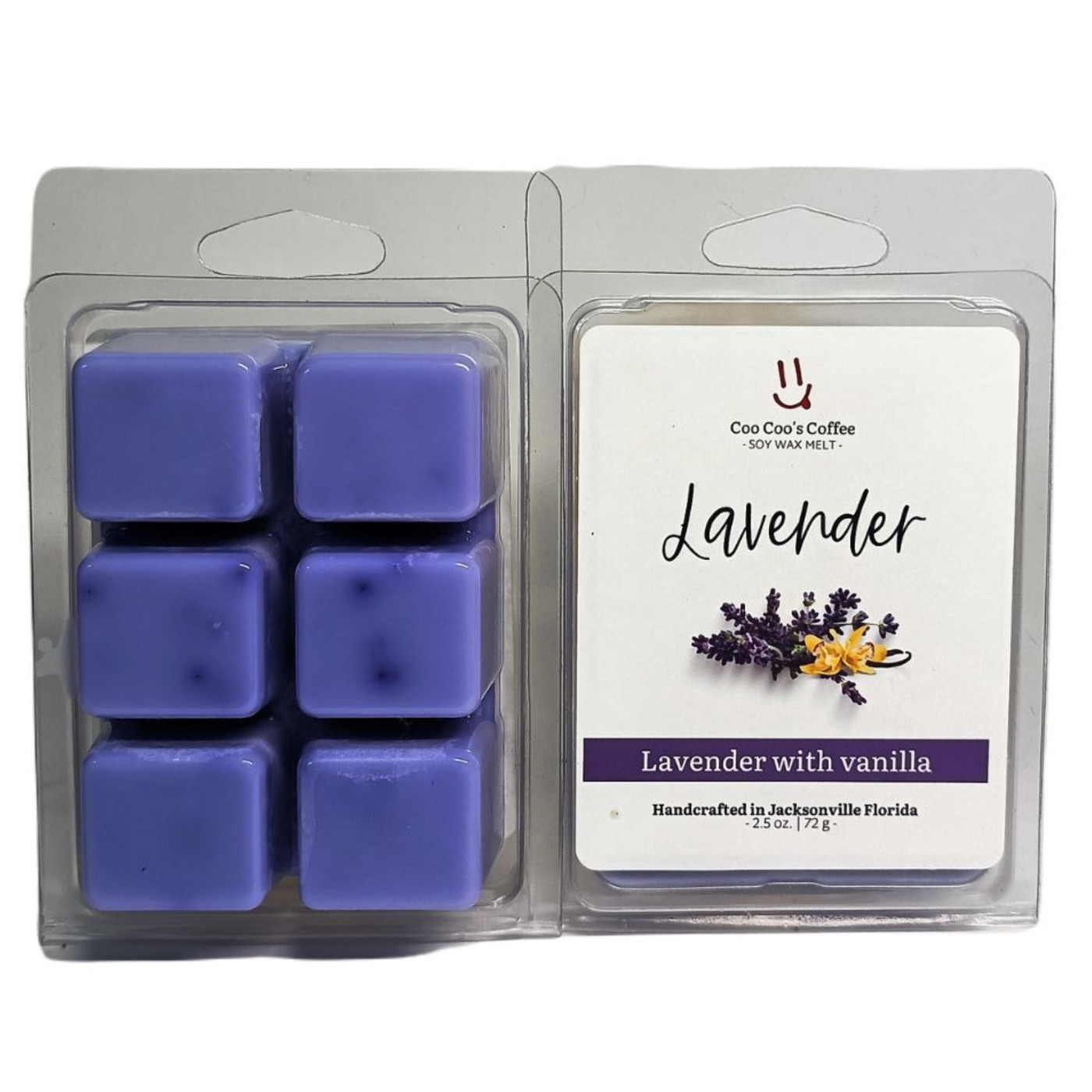 Lavender with Vanilla soy wax melt clamshell with six purple cubes by Candles by Christie