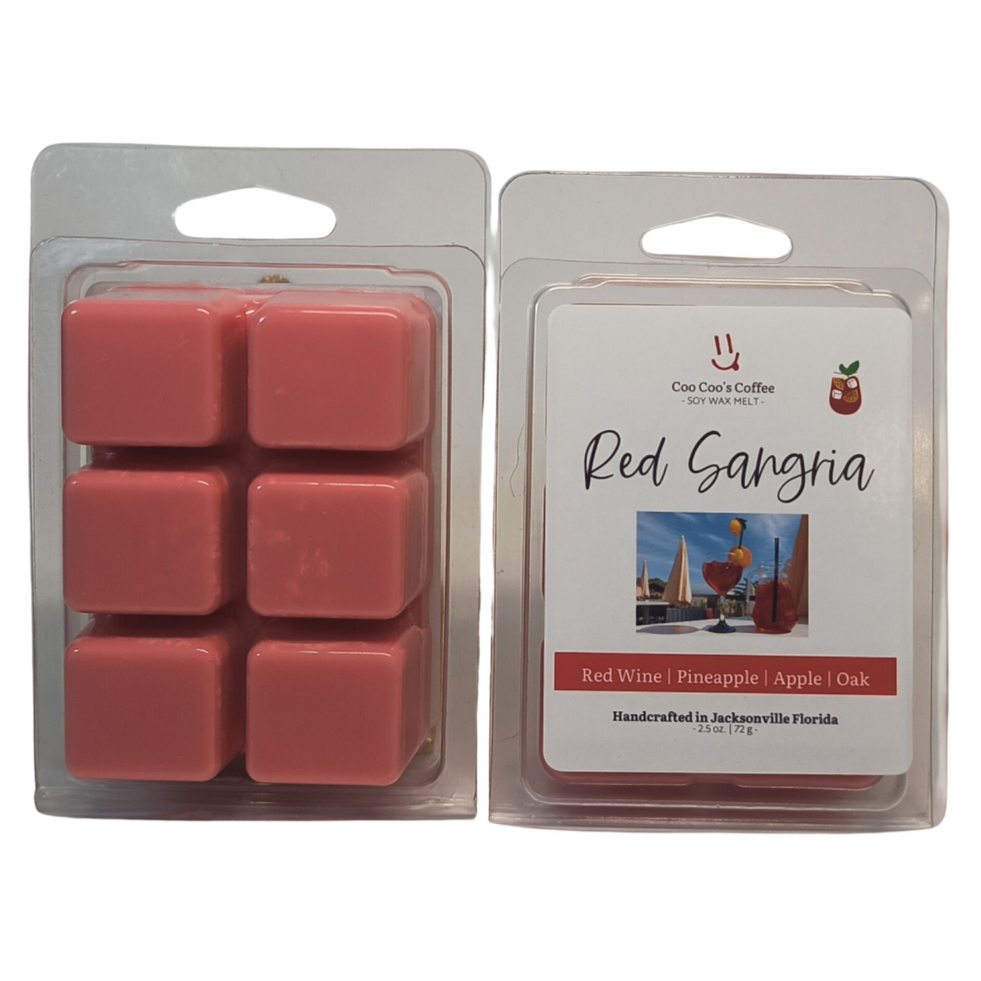 Red Sangria soy wax melt clamshell with six pink-red cubes by Candles by Christie