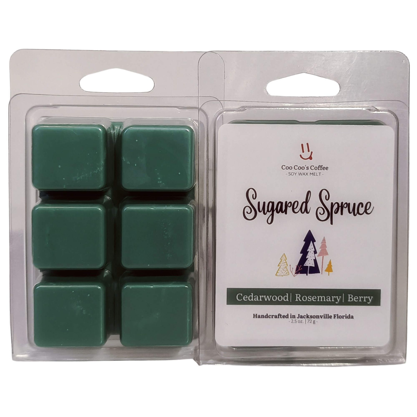 "Sugared Spruce Wax Melt by Candles by Christie – six green cubes in clamshell pack, cedarwood, rosemary, and berry scent blend."