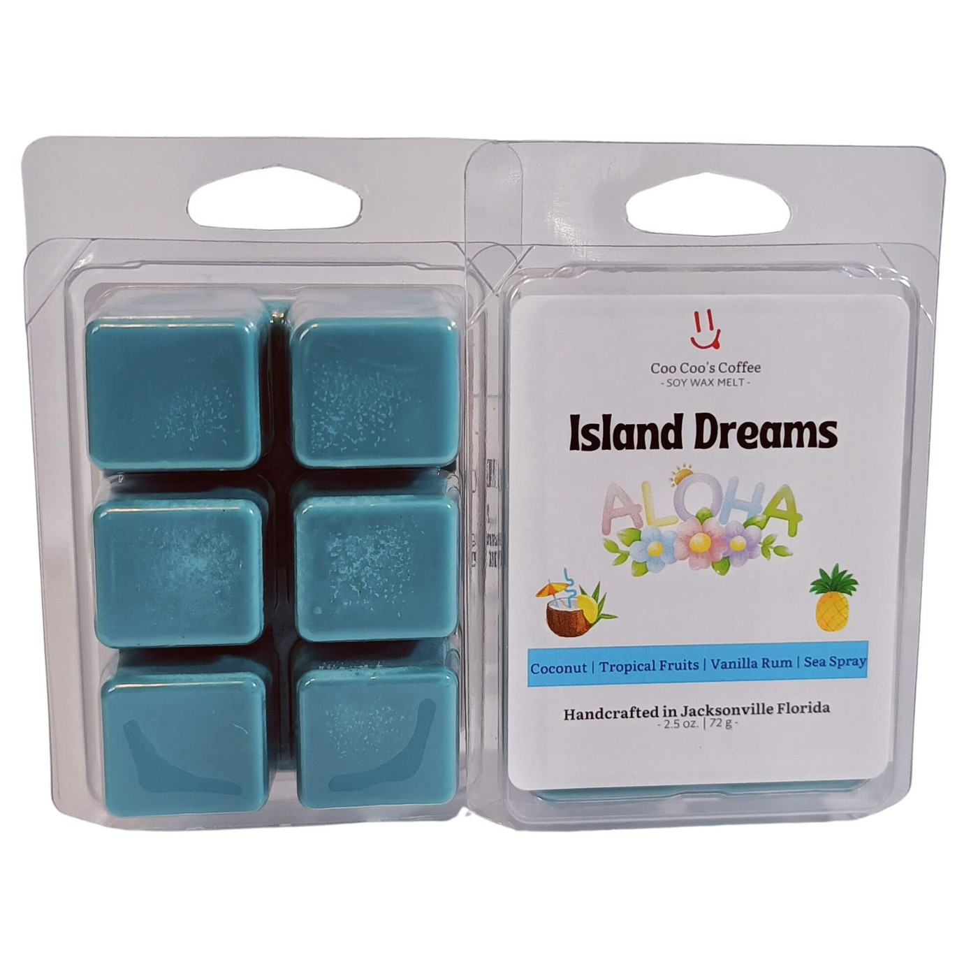 "Island Dreams Wax Melt clamshell pack – tropical fragrance blend of coconut, pineapple, and island florals by Candles by Christie."