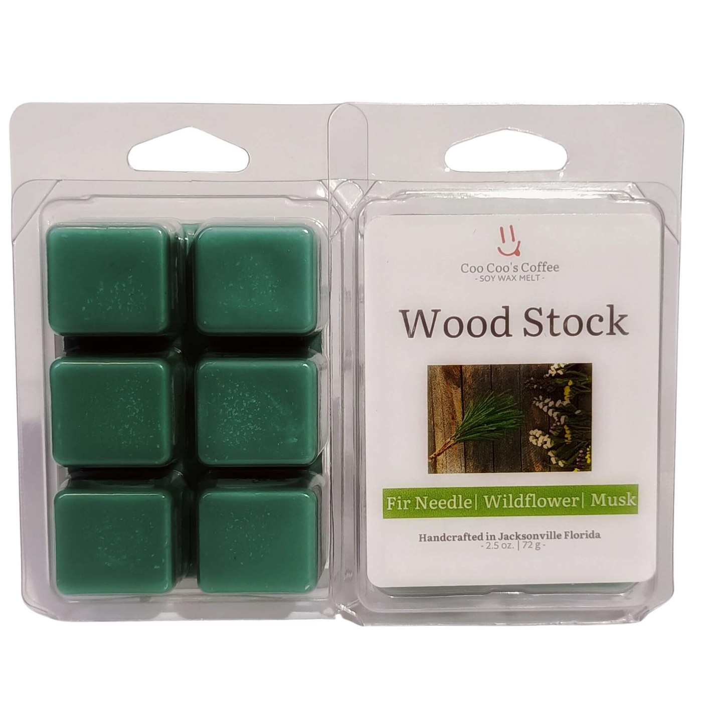 Wood Stock green soy wax melt cubes in plastic clamshell packaging by Candles by Christie