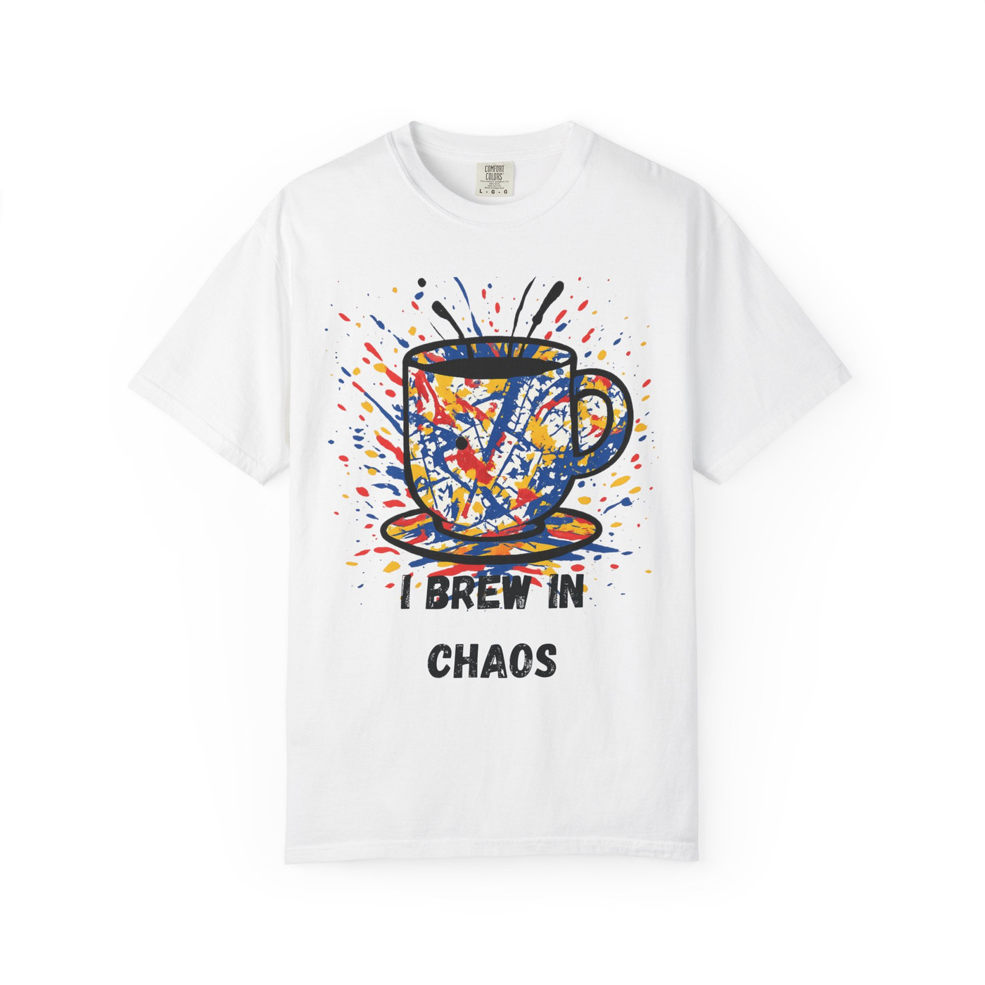 Chaos Brew Tee in White – abstract splatter coffee art shirt, bold colors on crisp white fabric by Coo Coo’s Coffee.