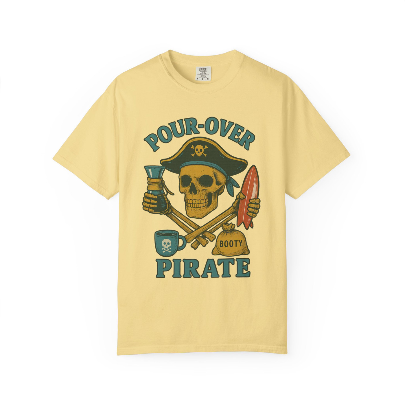 Pour-Over Pirate Tee in Butter – Golden brew pirate skull with coffee cup, V60 dripper, and surfboard, Coo Coo’s Coffee.