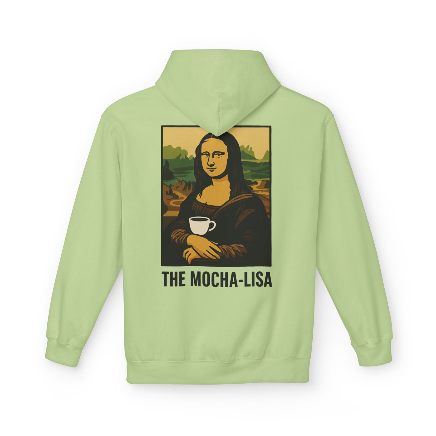 The Mocha-Lisa Coffee Art Hoodie by Coo Coo’s Coffee in pistachio green. Fun and creative coffee hoodie with Mona Lisa parody design.