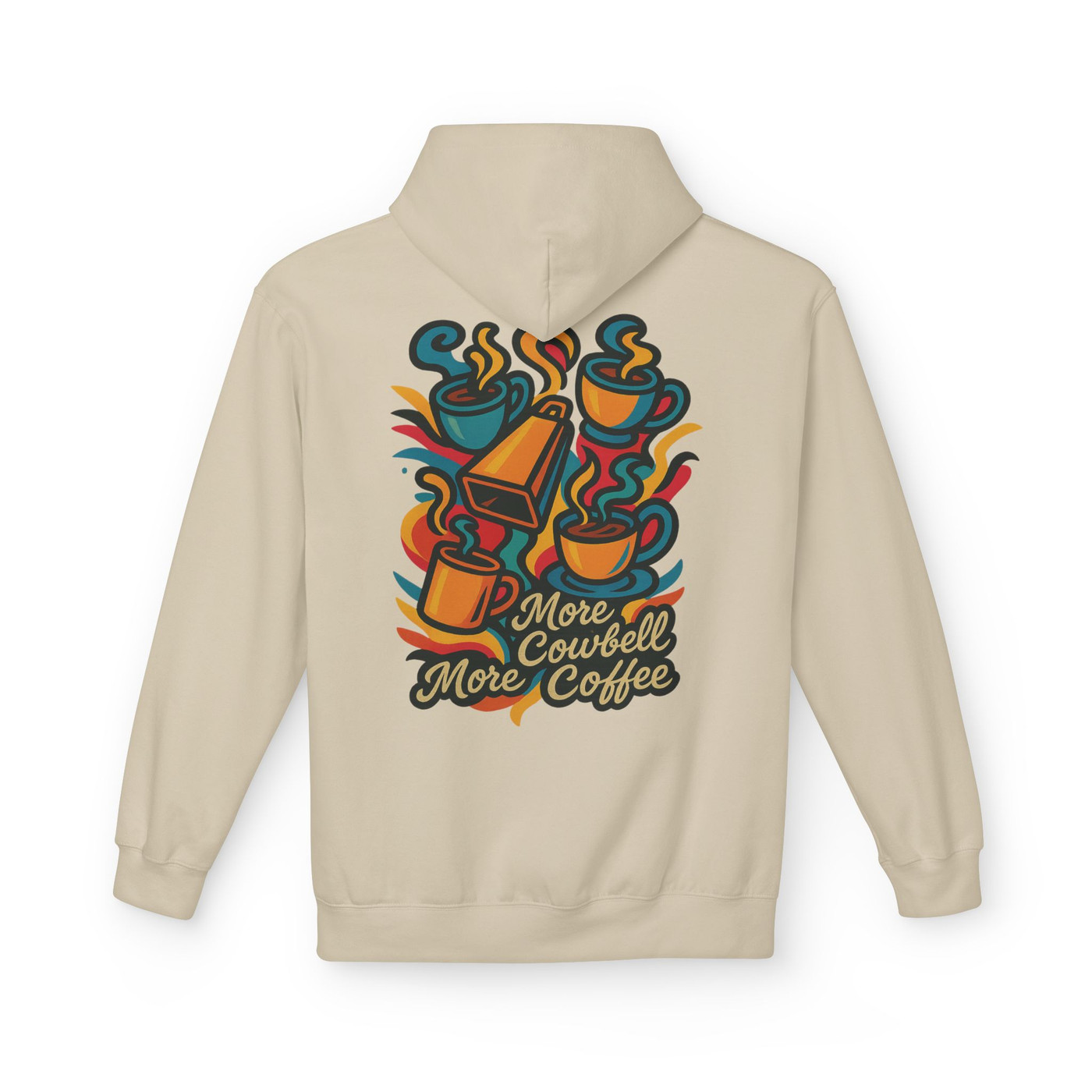 “More Cowbell, More Coffee – Brew Beat Hoodie in Sand, cozy unisex fleece with bold coffee cup and cowbell print by Coo Coo’s Coffee.”