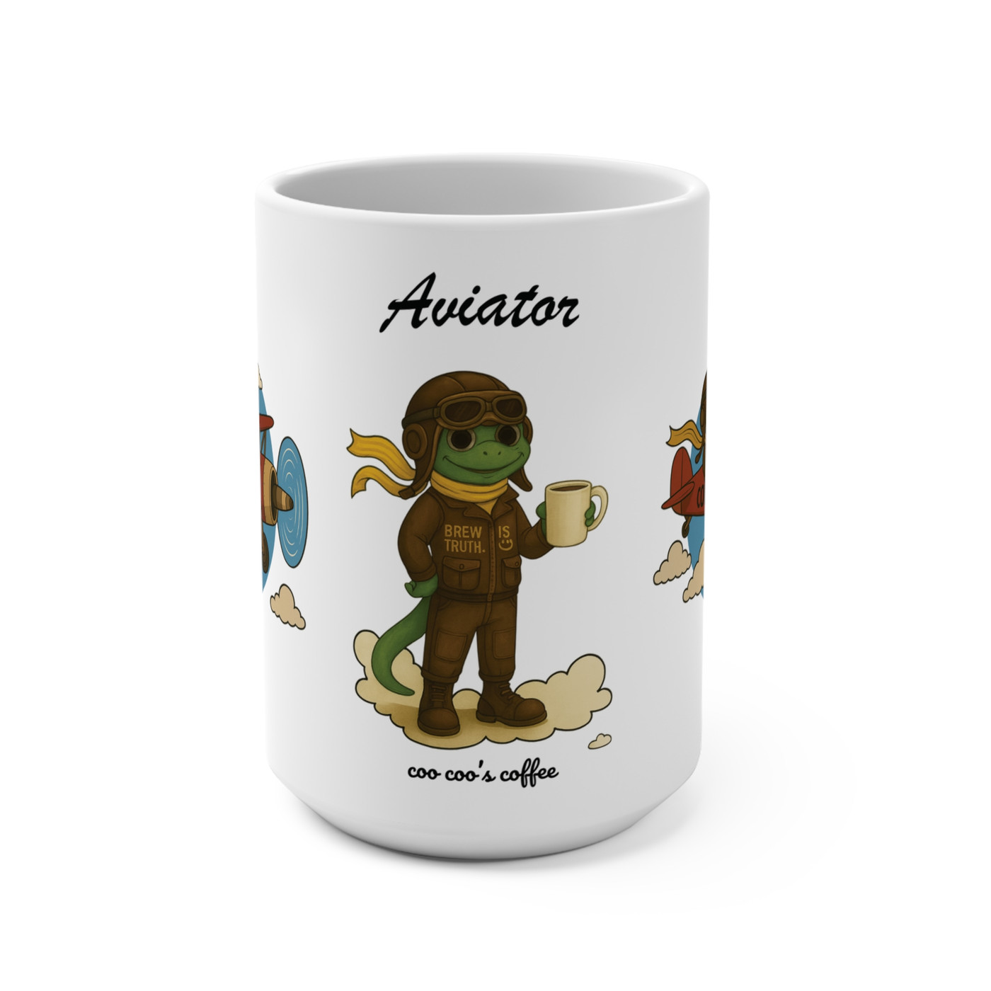 Bert the Aviator 15oz coffee mug with cartoon gecko pilot standing on clouds, holding coffee