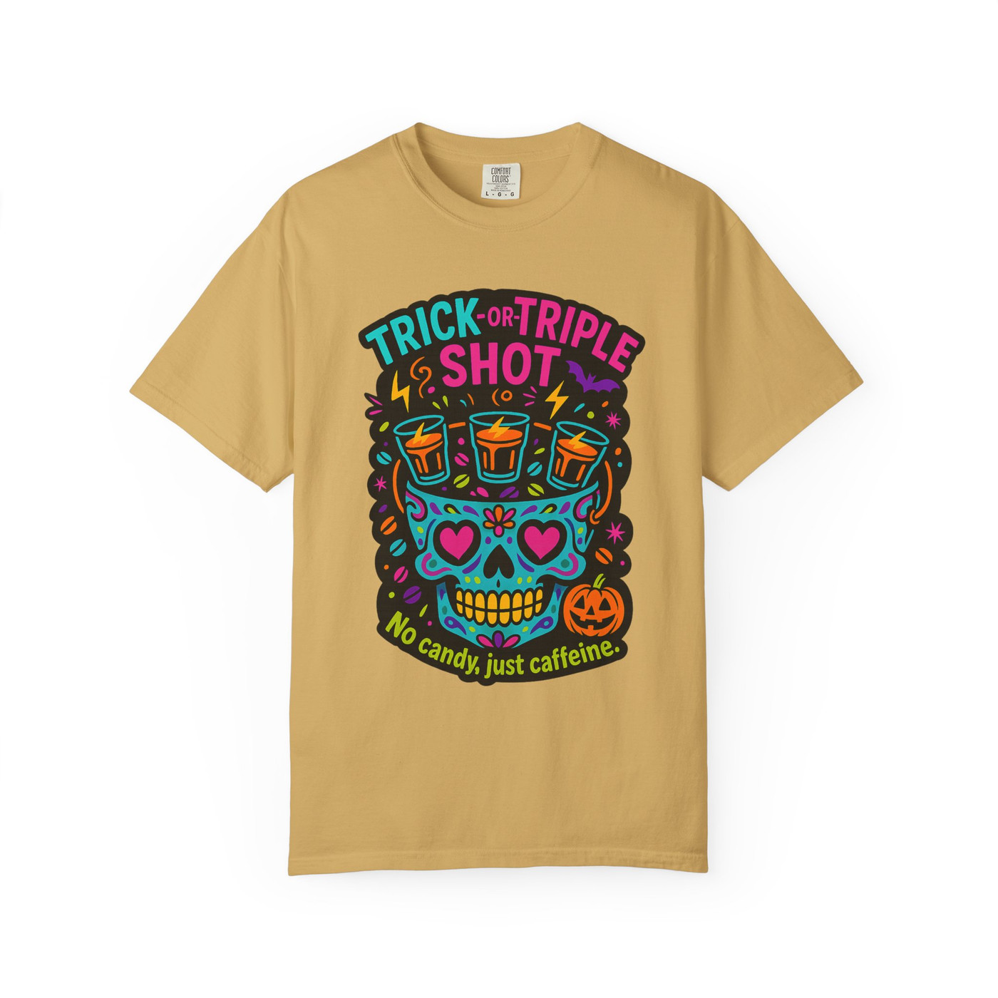 “Mustard yellow tee featuring neon skull with three coffee cups and pumpkin detail, slogan ‘Triple Shot Trickster,’ Caffeine Skull Tee by Coo Coo’s Coffee.”