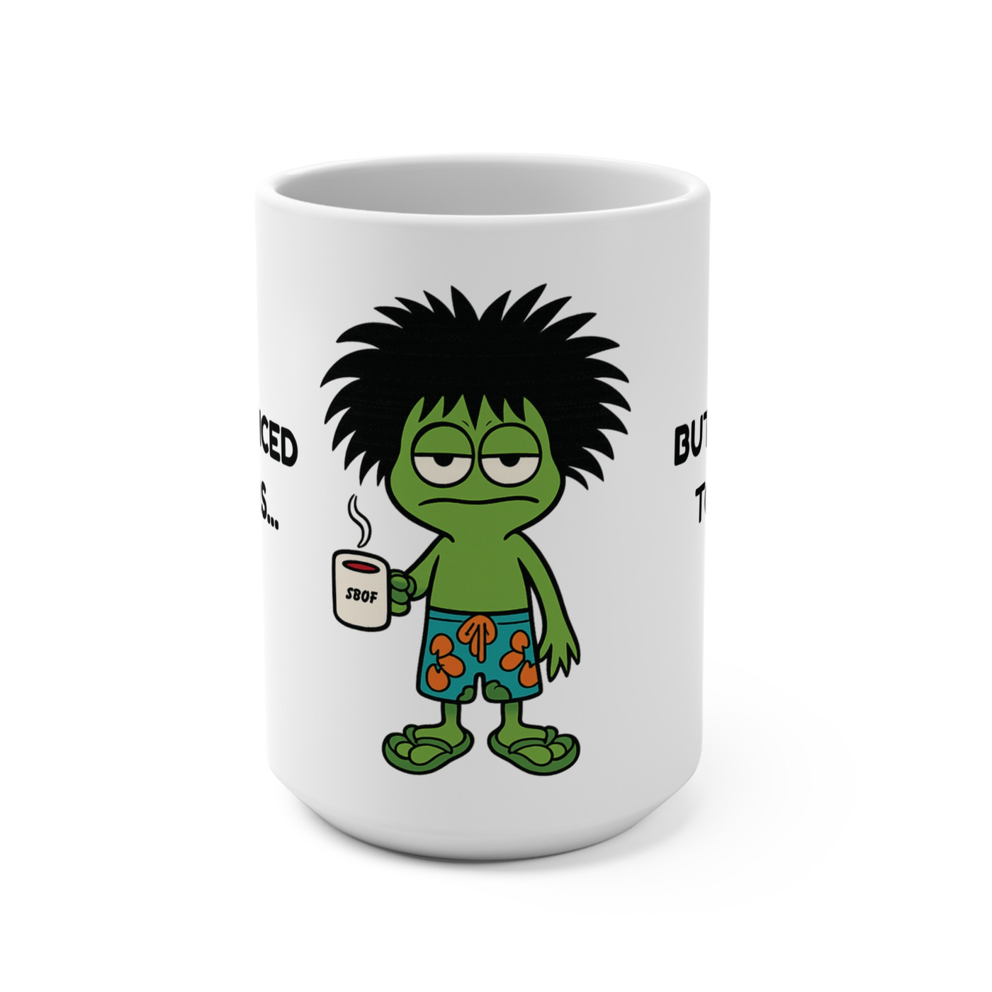 White 15 oz ceramic mug with sleepy green character in flip-flops holding a coffee cup and wild bedhead hair.
