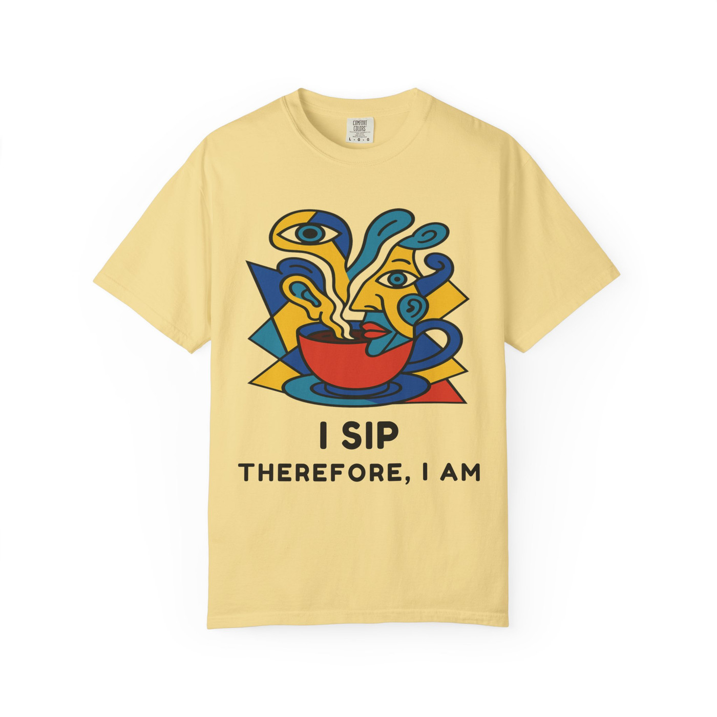 I Sip, Therefore I Am coffee art t-shirt on butter yellow – Coo Coo’s Coffee