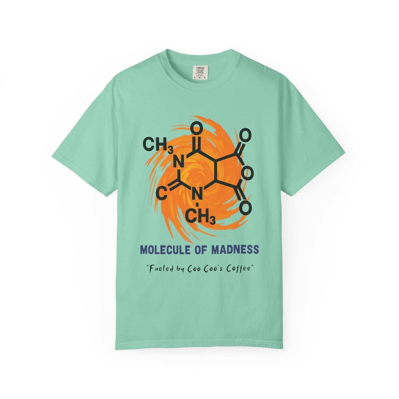 Molecule of Madness coffee chemistry t-shirt in mint green with large bold graphic by Coo Coo’s Coffee