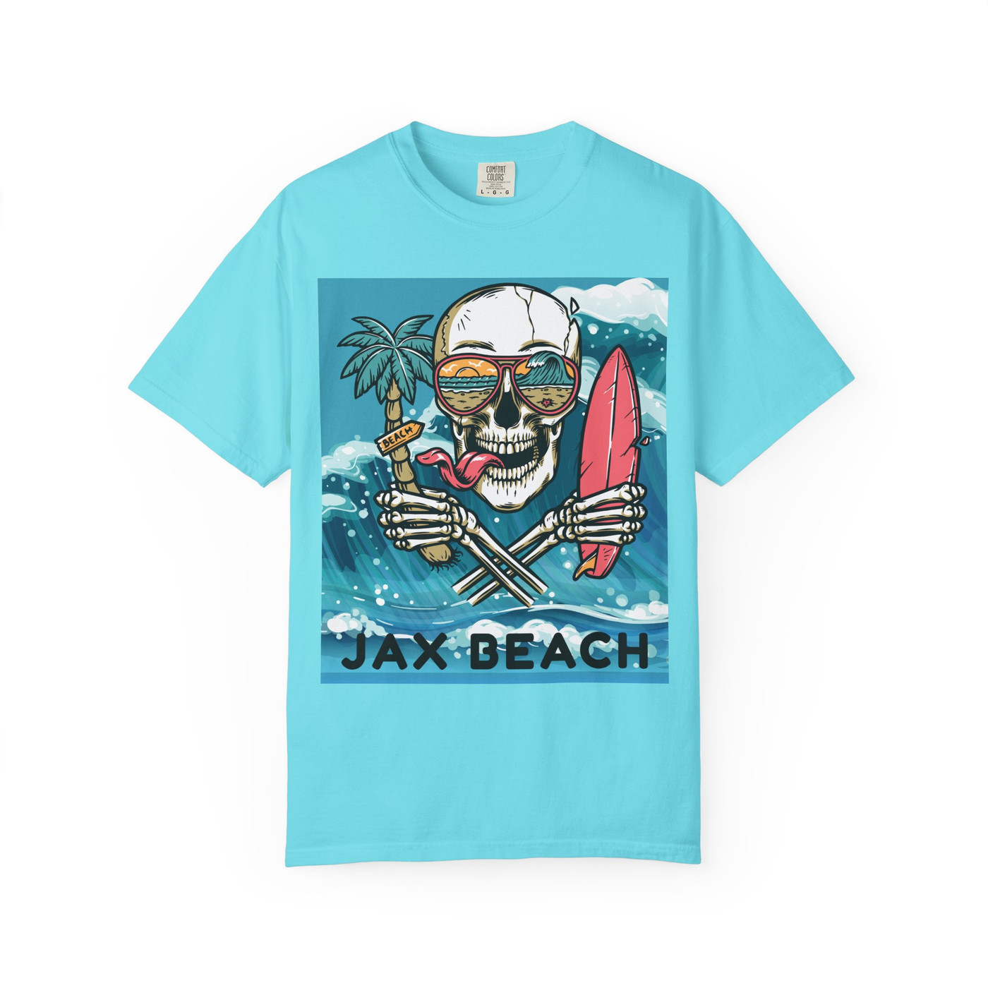 Jax Beach Surf Skull graphic tee in bright aqua color by Coo Coo’s Coffee