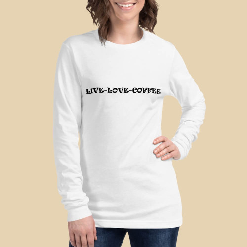 A white colored long sleeve tee shirt with the words Live-Love-Coffee in black printed on the front. A female model mockup.