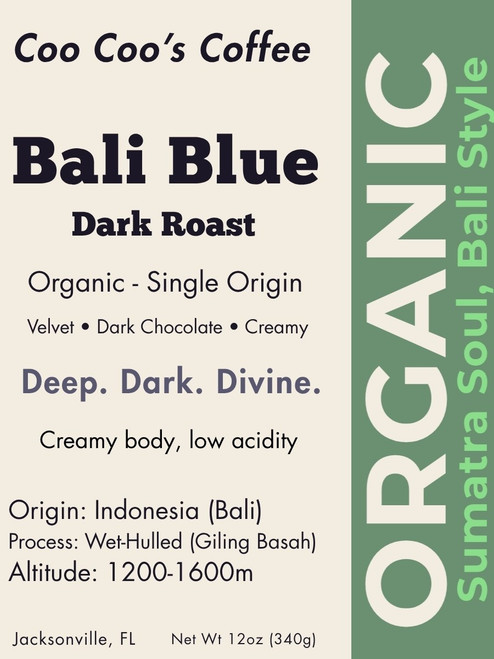 Bali Bleu coffee label with jazz-inspired daily groove stripe and tasting notes