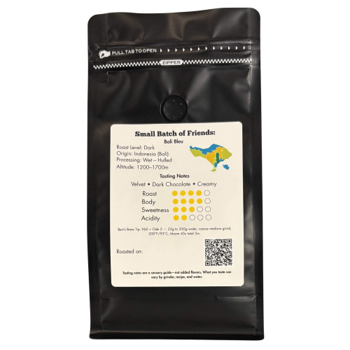 Back label of Bali Bleu coffee showing tasting notes, roast level and brew guide icons