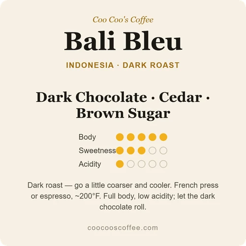 Bali Bleu Single-Origin Dark Roast Coffee – Chocolate & Spice, back label