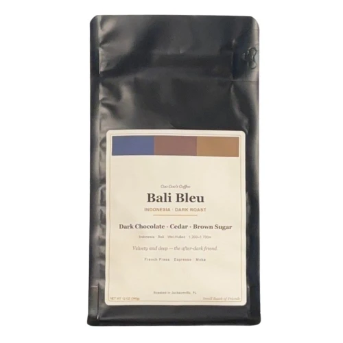 Bali Bleu Single-Origin Dark Roast Coffee – Chocolate & Spice, 12oz black bag