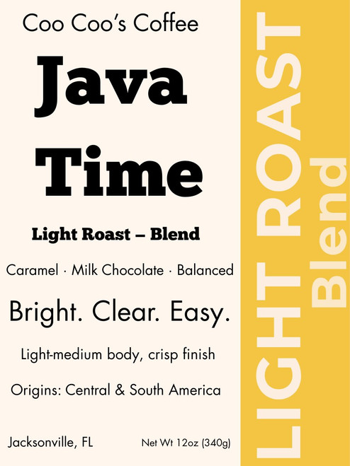 Java Time light roast coffee label with yellow light roast banner and tagline Bright. Clear. Easy.