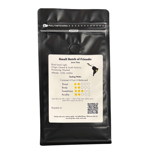 Back of Java Time Coffee bag showing roast level, tasting notes and brewing guide.
