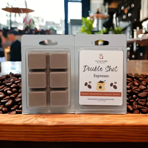 Double Shot Espresso wax melt clamshell on café counter with coffee beans in front
