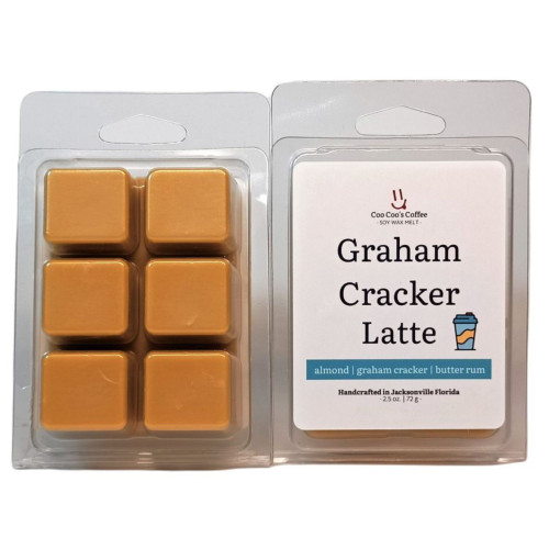 Graham Cracker Latte soy wax melt clamshell with six caramel-colored cubes by Candles by Christie