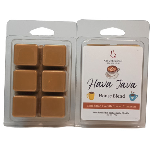 Hava Java House Blend coffee-scented soy wax melt clamshell with six brown cubes