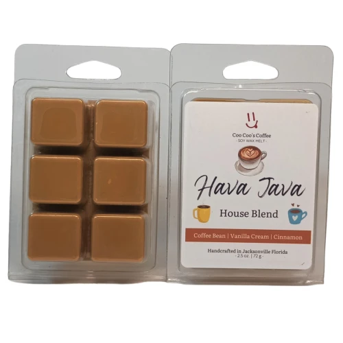 Hava Java House Blend coffee-scented soy wax melt clamshell with six brown cubes