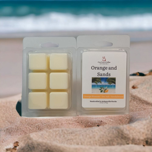 Close-up of Orange & Sands wax melt cubes suggesting orange and sea breeze fragrance