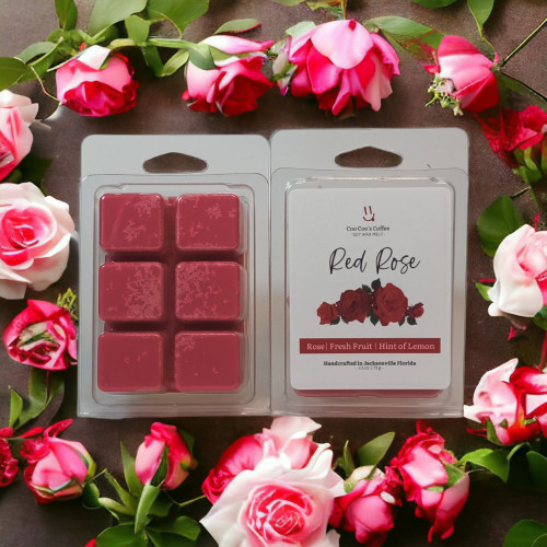 Red Rose wax melt clamshell and cubes surrounded by red and pink roses in a floral circle